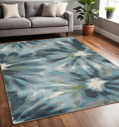 3' X 5' Teal Ivory And Gray Floral Area Rug