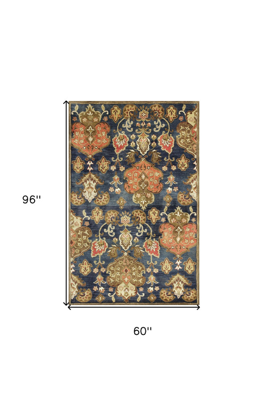 8' X 11' Navy Blue Hand Tufted Traditional Floral Indoor Area Rug