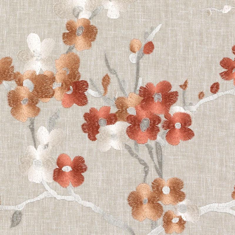 Beige linen-textured fabric with orange, brown and white cherry blossom floral pattern on branches.