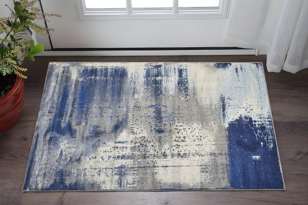 3' X 5' Blue Ivory And Gray Abstract Area Rug