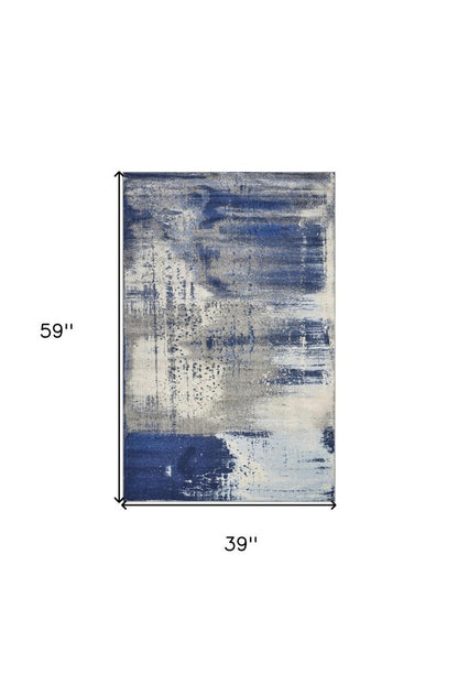 3' X 5' Blue Ivory And Gray Abstract Area Rug