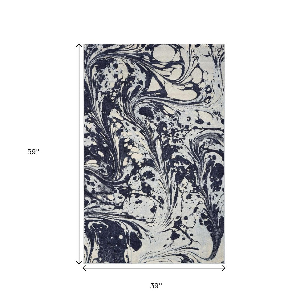 3' X 5' Blue And Ivory Abstract Area Rug