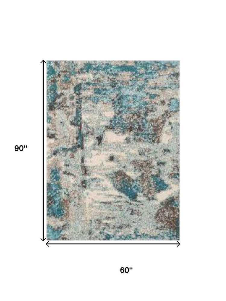 3' X 5' Ivory And Teal Abstract Area Rug