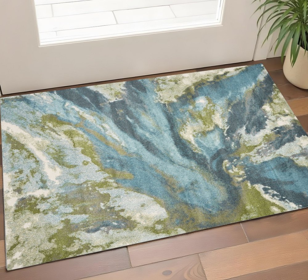 3' X 5' Teal Gray And Green Abstract Area Rug