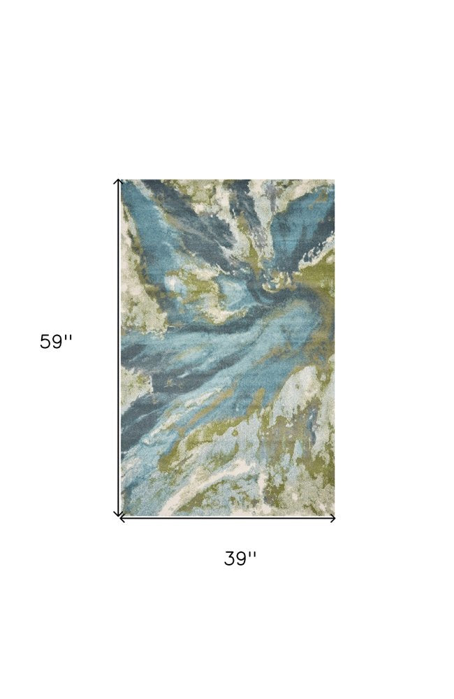 3' X 5' Teal Gray And Green Abstract Area Rug