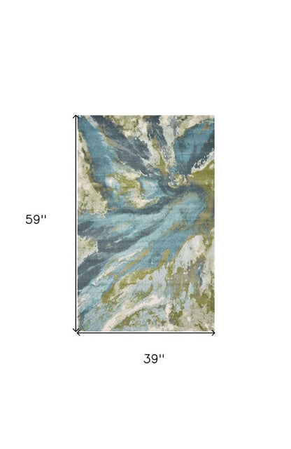3' X 5' Teal Gray And Green Abstract Area Rug