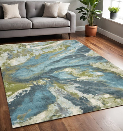 3' X 5' Teal Gray And Green Abstract Area Rug