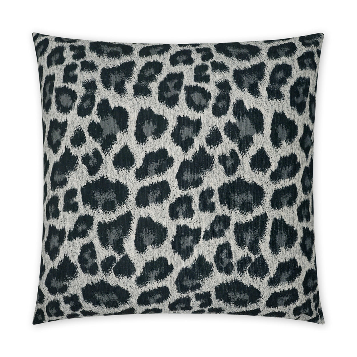 Square decorative pillow in gray faux-fur leopard print with black spots; plush accent cushion for sofa.