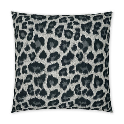 Square decorative pillow in gray faux-fur leopard print with black spots; plush accent cushion for sofa.