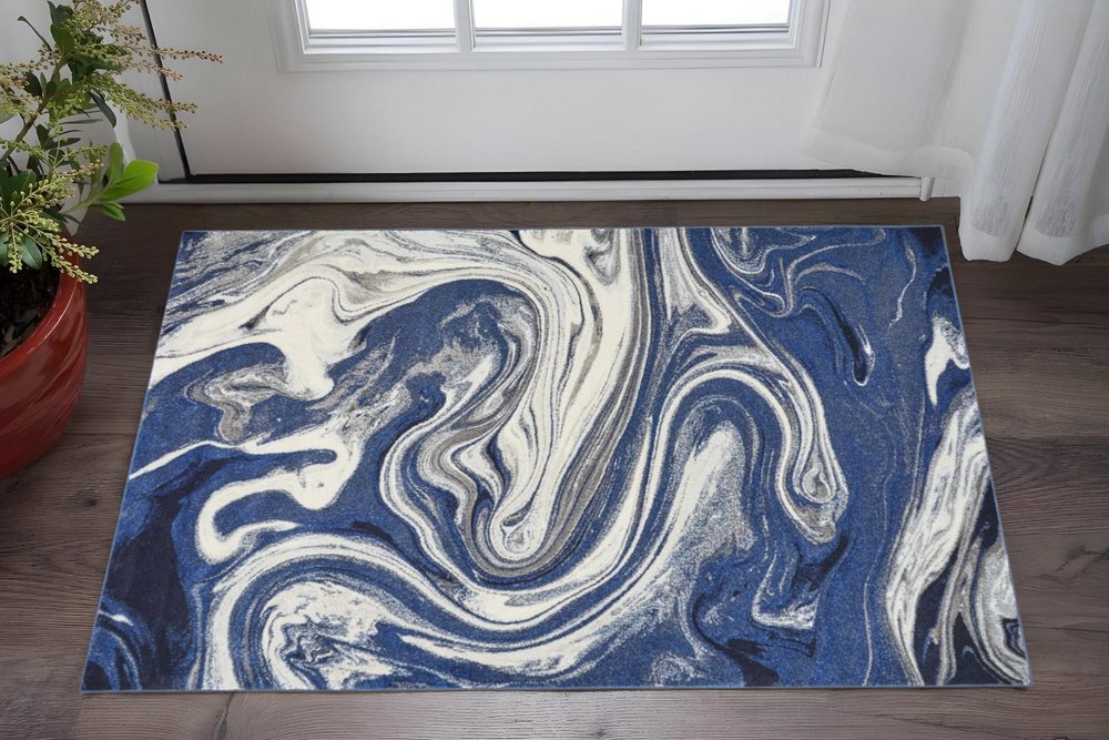 3' X 5' Blue And Beige Abstract Area Rug