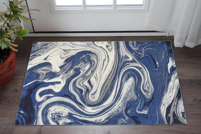3' X 5' Blue And Beige Abstract Area Rug