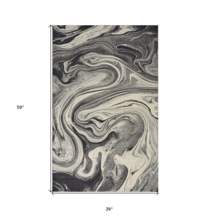 3' X 5' Ivory Black And Gray Abstract Area Rug