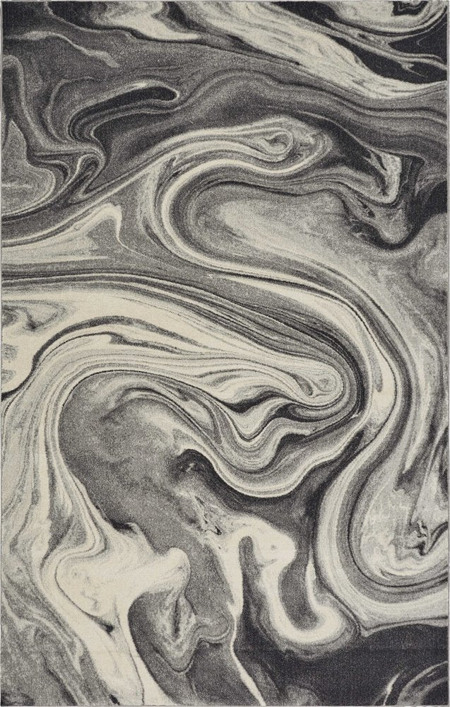 7' X 9' Ivory Black And Gray Abstract Shag Area Rug