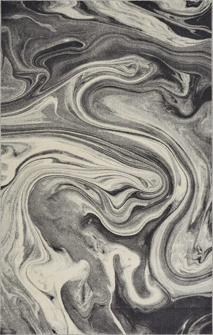 7' X 9' Ivory Black And Gray Abstract Shag Area Rug