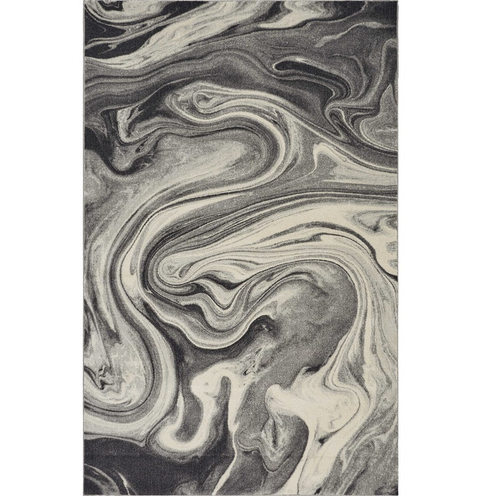 7' X 9' Ivory Black And Gray Abstract Shag Area Rug