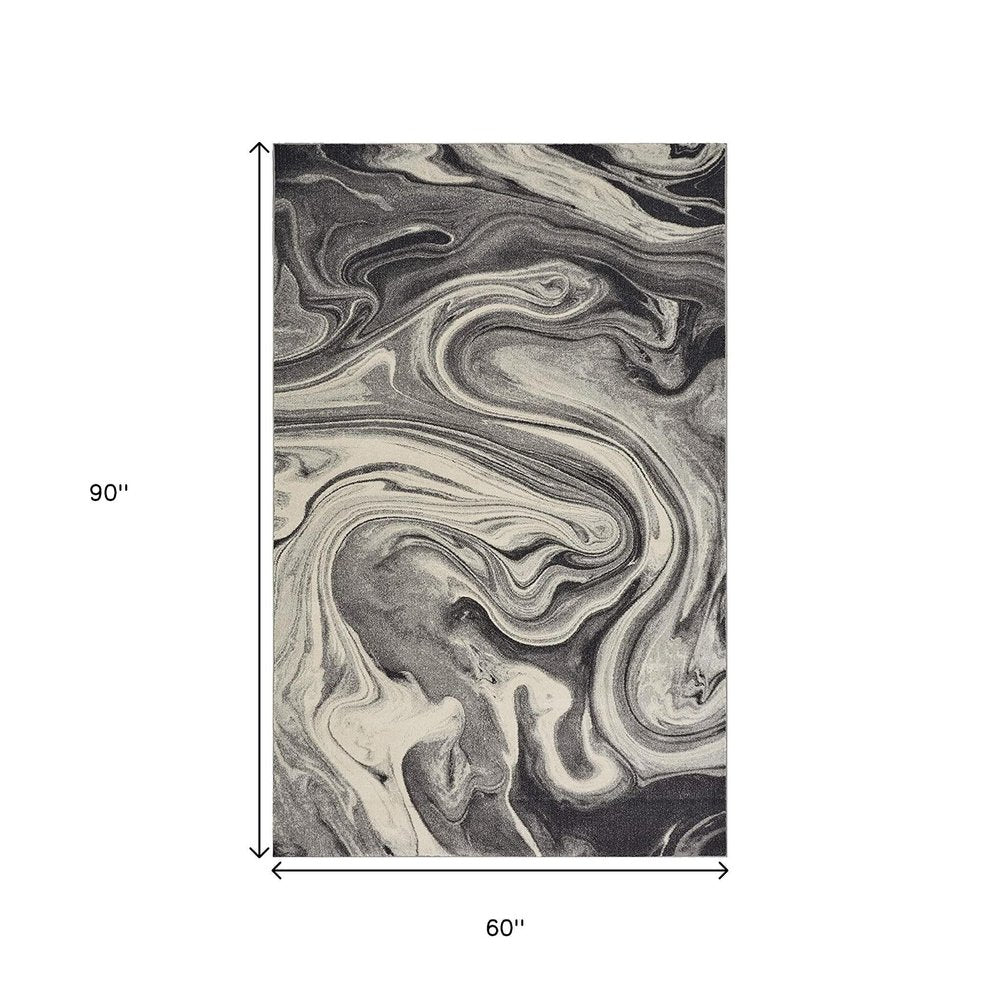 5' X 8' Ivory Black And Gray Abstract Area Rug