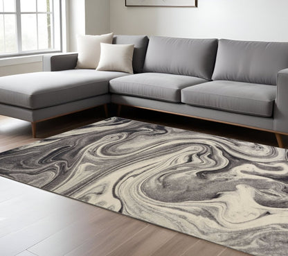 5' X 8' Ivory Black And Gray Abstract Area Rug