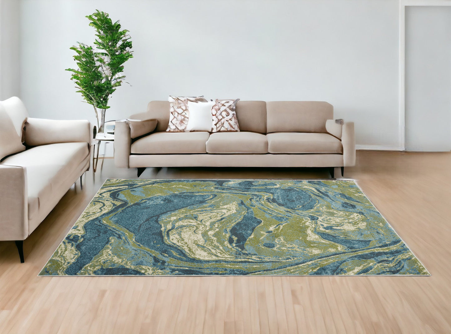 7' X 10' Teal Blue Machine Woven Marble Indoor Area Rug