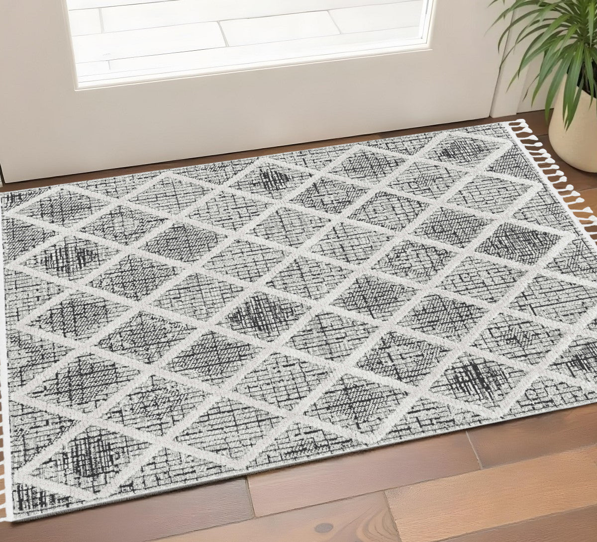 8' X 11' Cream And Charcoal Geometric Area Rug