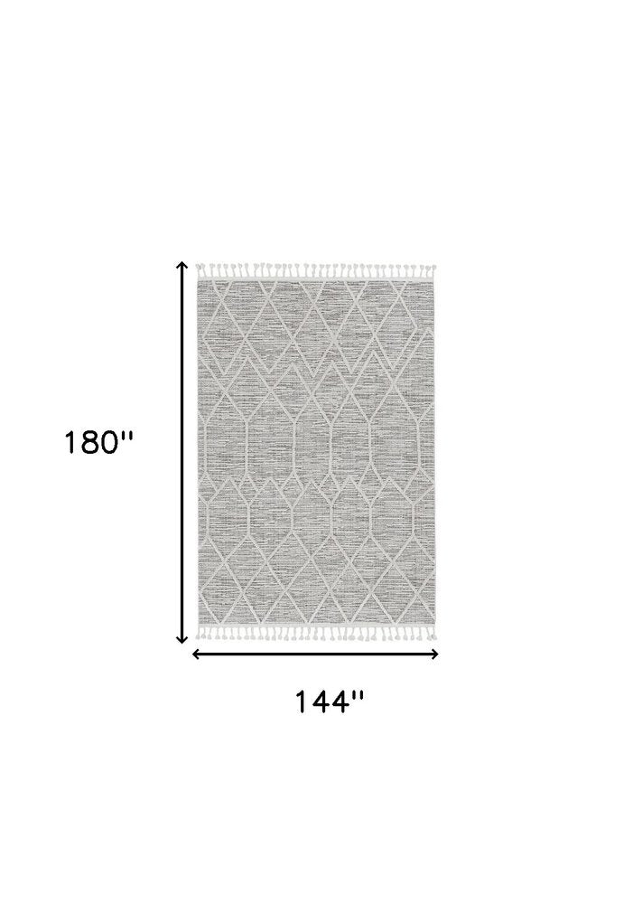 8' X 11' Ivory And Gray Geometric Area Rug With Fringe