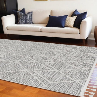 8' X 11' Ivory And Gray Geometric Area Rug With Fringe
