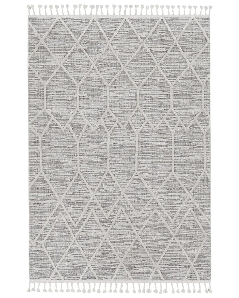 8' X 11' Ivory And Gray Geometric Area Rug With Fringe