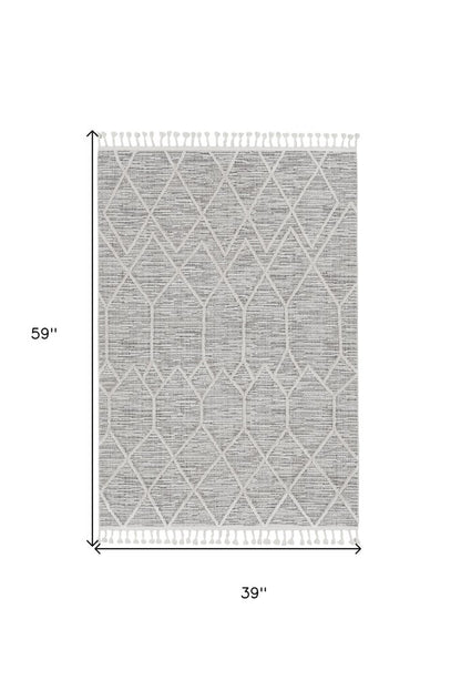 8' X 11' Ivory And Gray Geometric Area Rug With Fringe