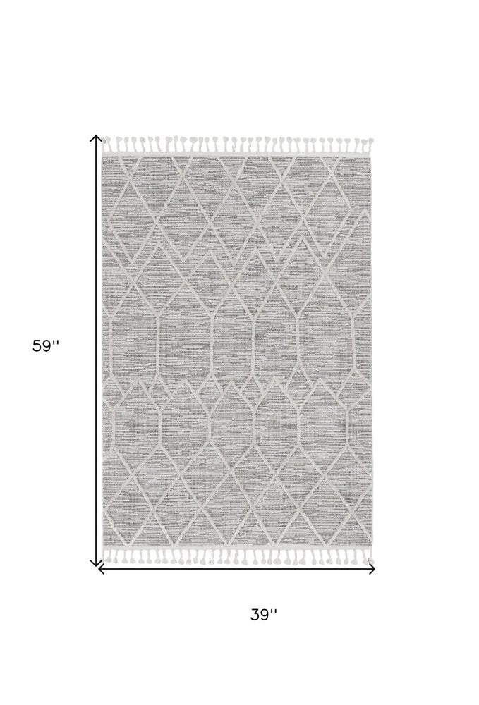 8' X 11' Ivory And Gray Geometric Area Rug With Fringe