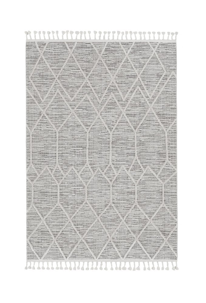 8' X 11' Ivory And Gray Geometric Area Rug With Fringe