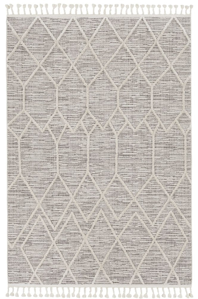 8' X 11' Ivory And Gray Geometric Area Rug With Fringe