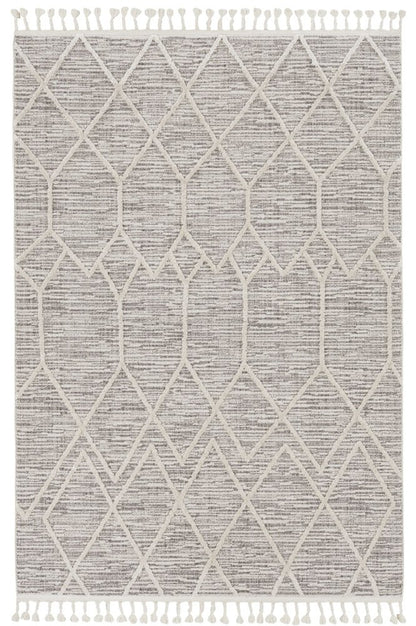 8' X 11' Ivory And Gray Geometric Area Rug With Fringe