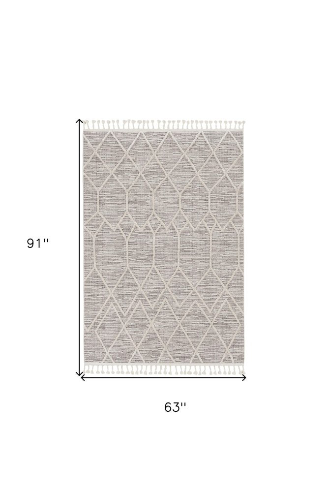 8' X 11' Ivory And Gray Geometric Area Rug With Fringe