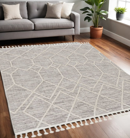 8' X 11' Ivory And Gray Geometric Area Rug With Fringe