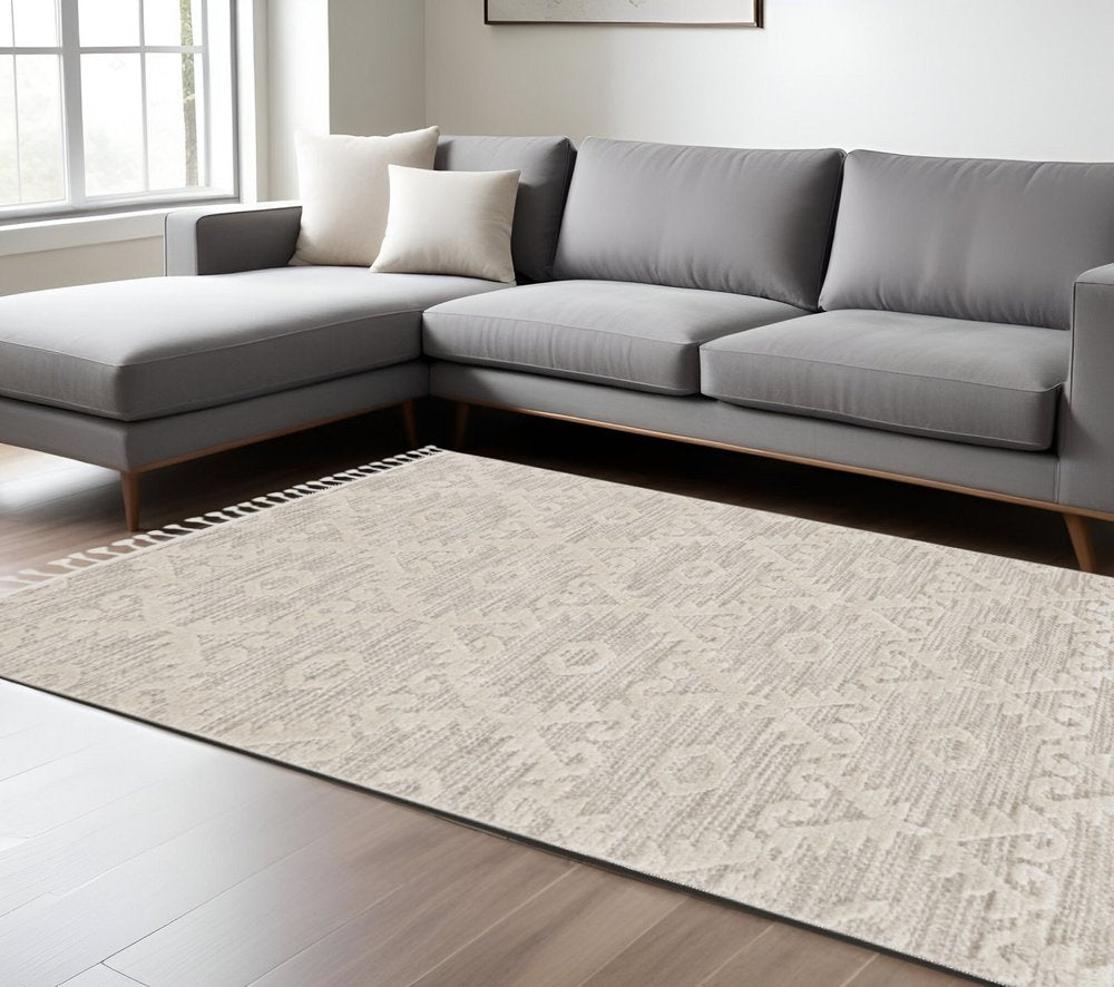 8' Beige and Ivory Geometric Runner Rug