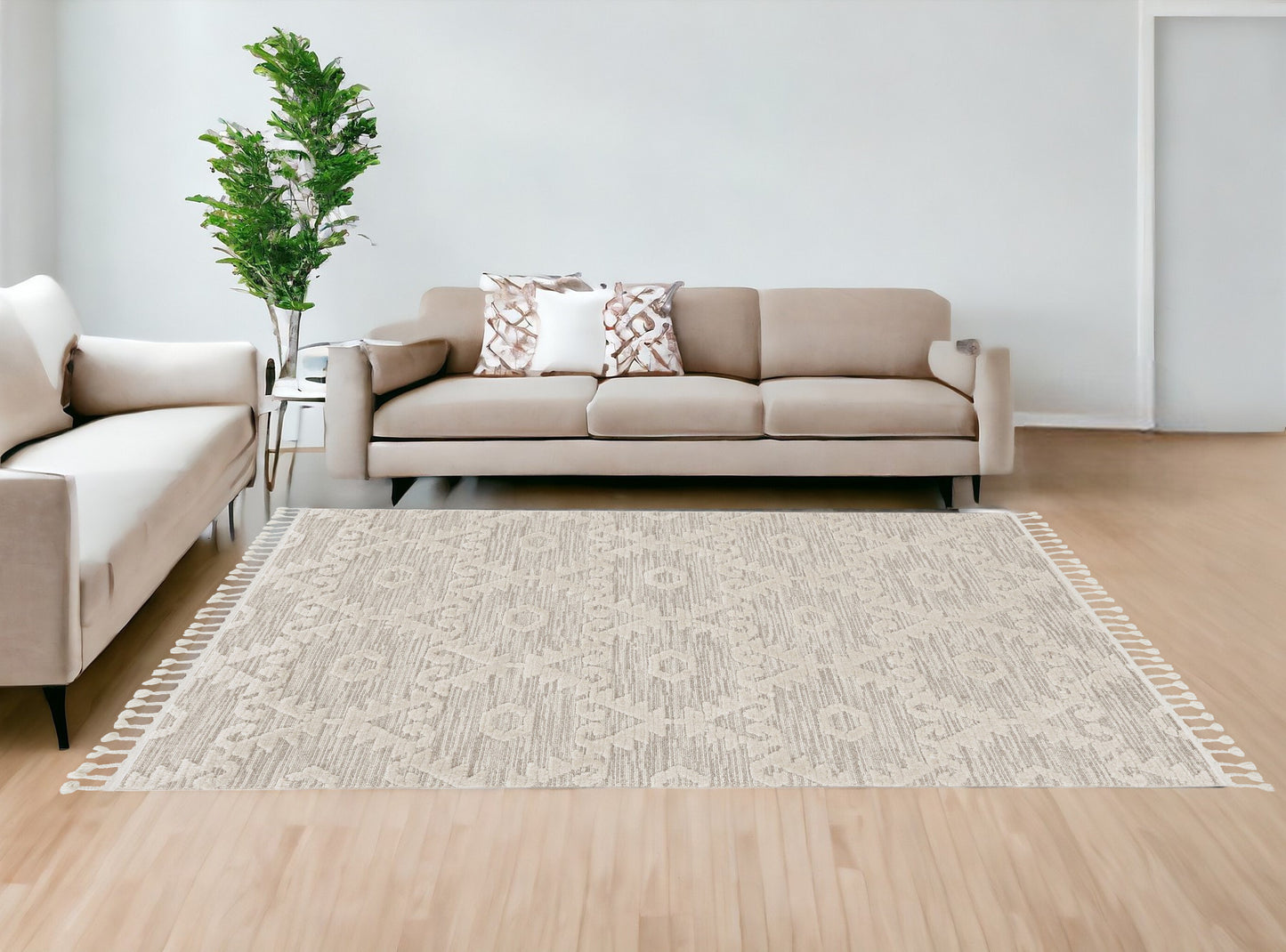 8' Beige and Ivory Geometric Runner Rug