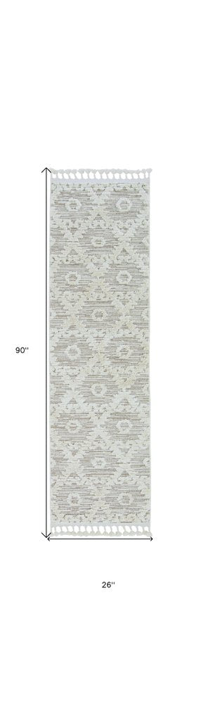8' Beige and Ivory Geometric Runner Rug