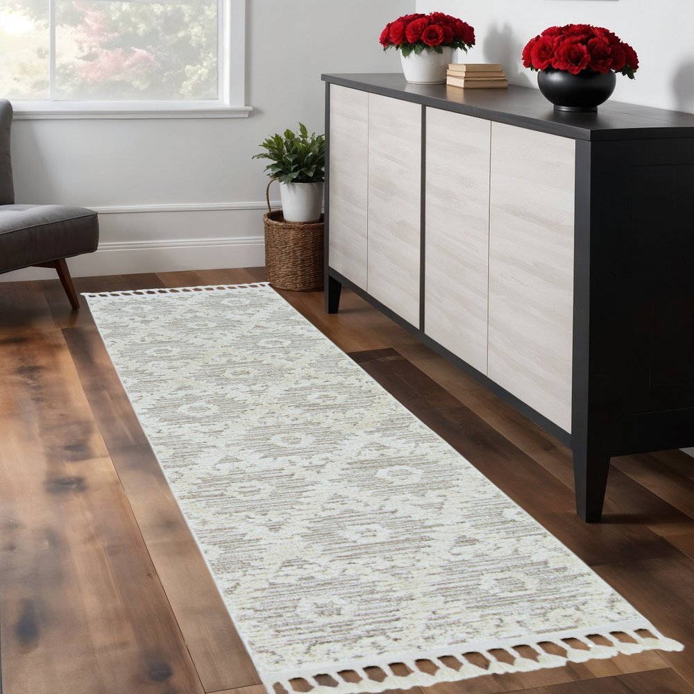 8' Beige and Ivory Geometric Runner Rug
