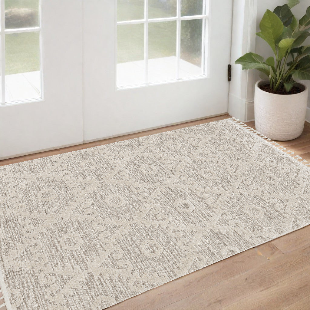 8' Beige and Ivory Geometric Runner Rug