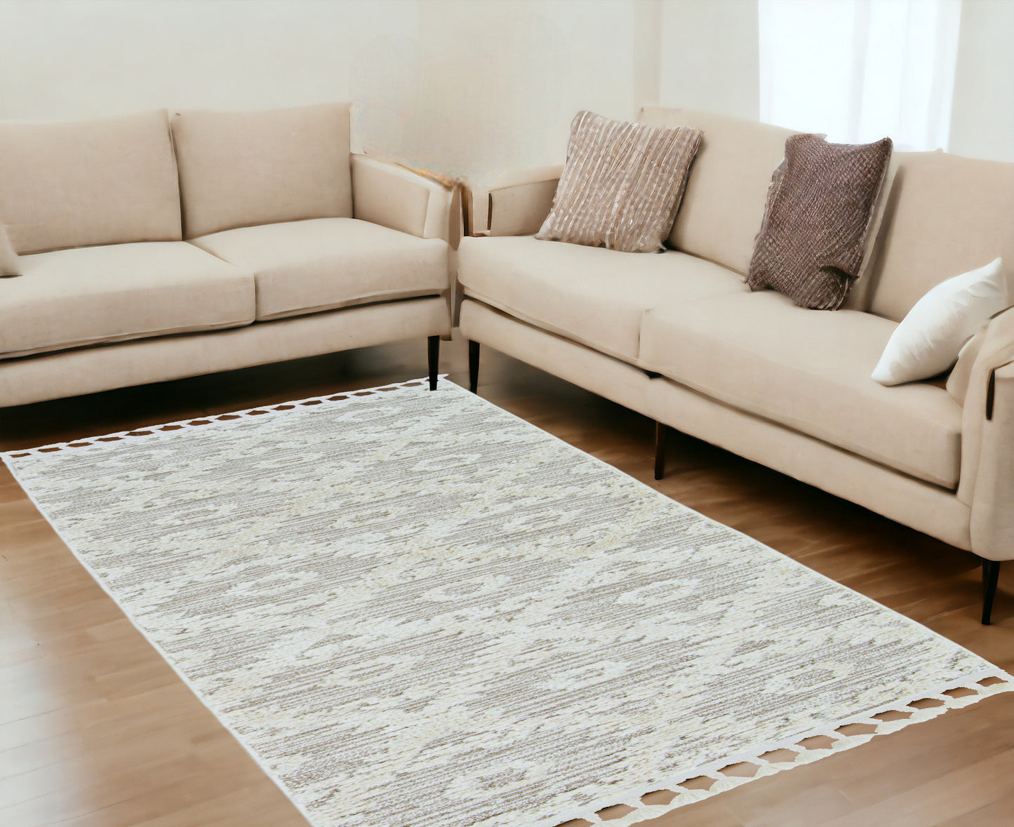 8' Beige and Ivory Geometric Runner Rug