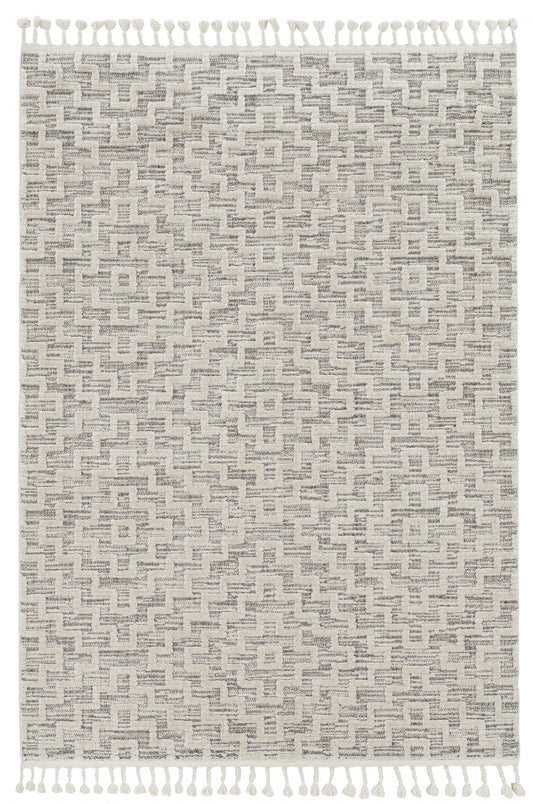8' Ivory And Gray Geometric Runner Rug With Fringe