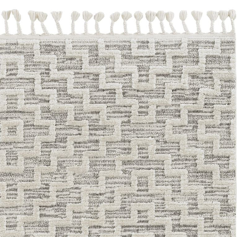 8' Ivory Grey Machine Woven Geometric With Fringe Indoor Runner Rug