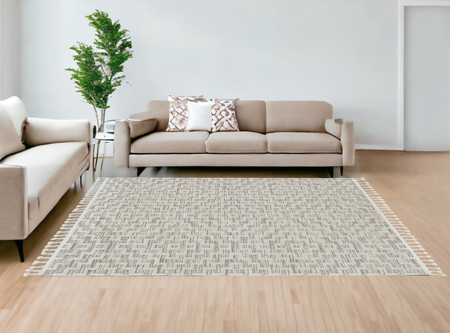 8' Ivory Grey Machine Woven Geometric With Fringe Indoor Runner Rug