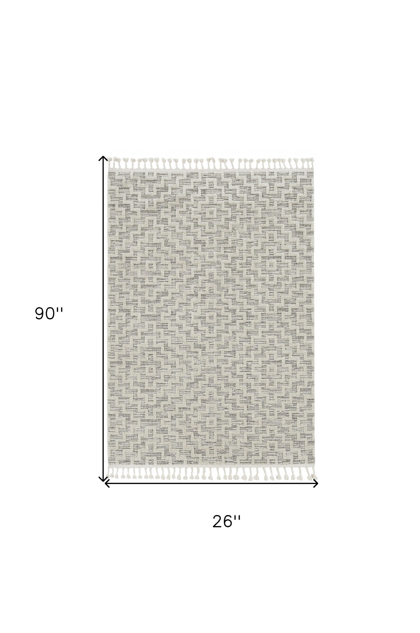 8' Ivory Grey Machine Woven Geometric With Fringe Indoor Runner Rug