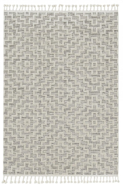 3' X 5' Ivory Grey Zigzag Diamonds Area Rug With Fringe