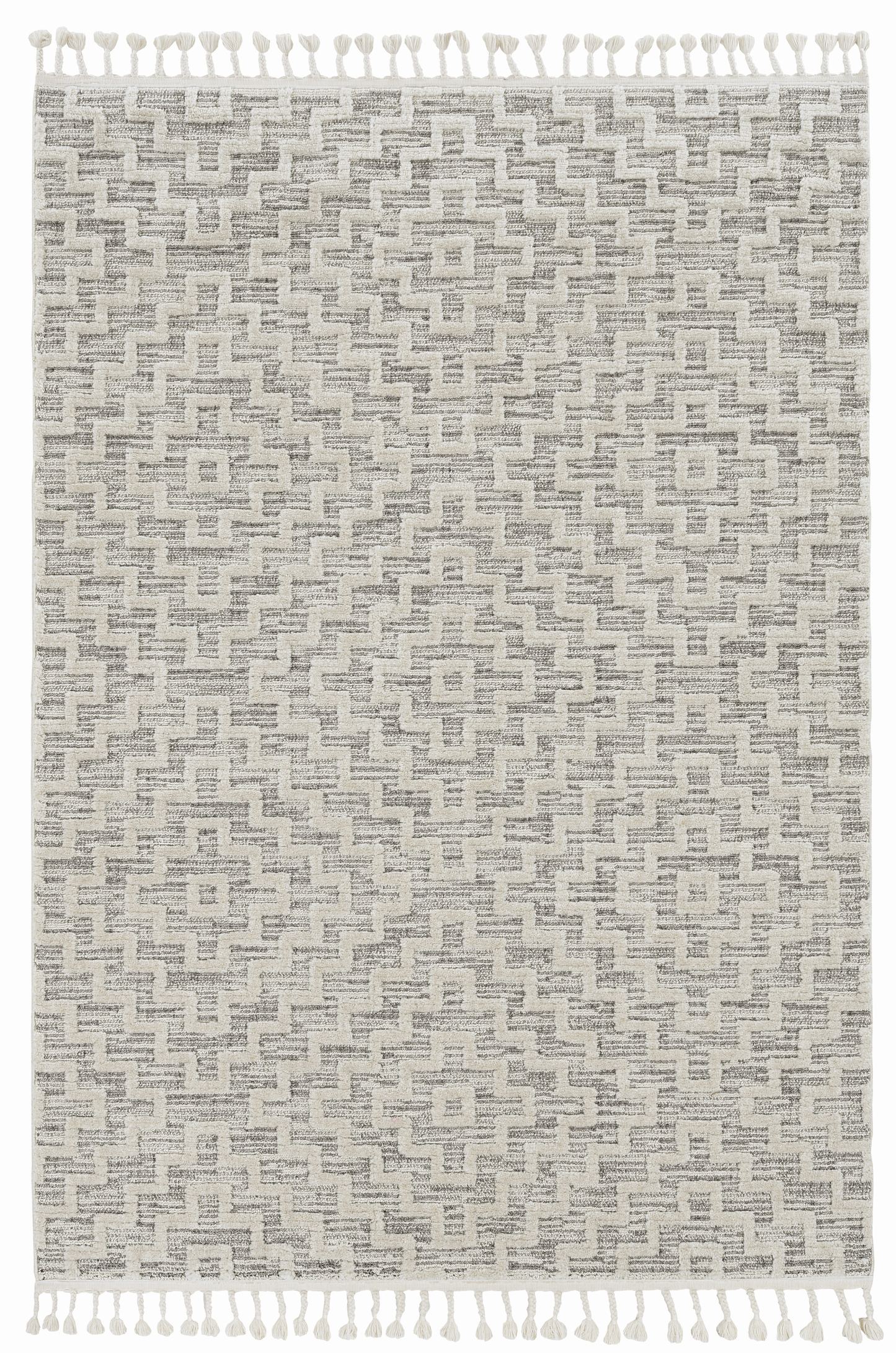 8' Ivory Grey Machine Woven Geometric With Fringe Indoor Runner Rug