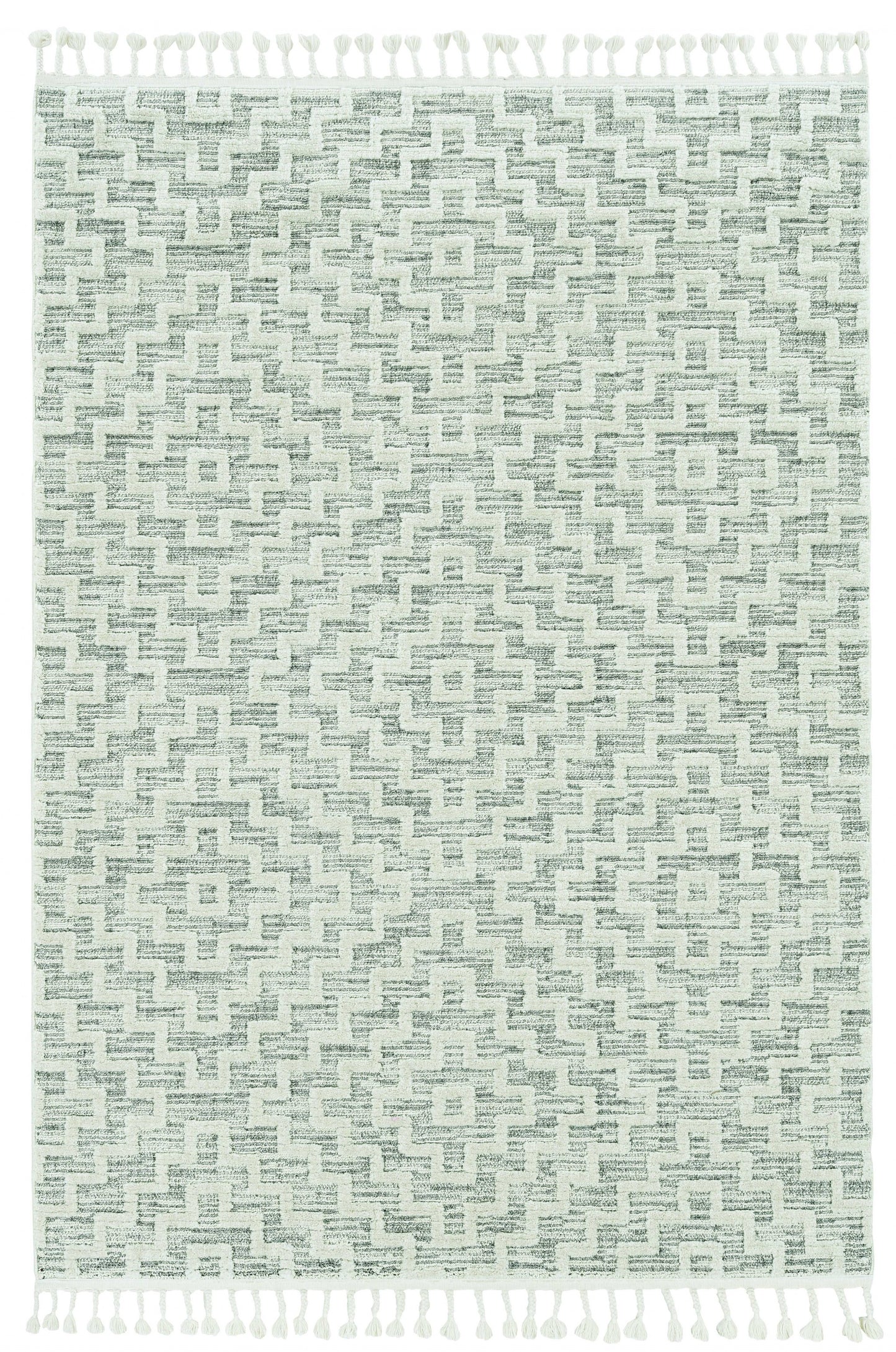 8' Ivory Grey Machine Woven Geometric With Fringe Indoor Runner Rug