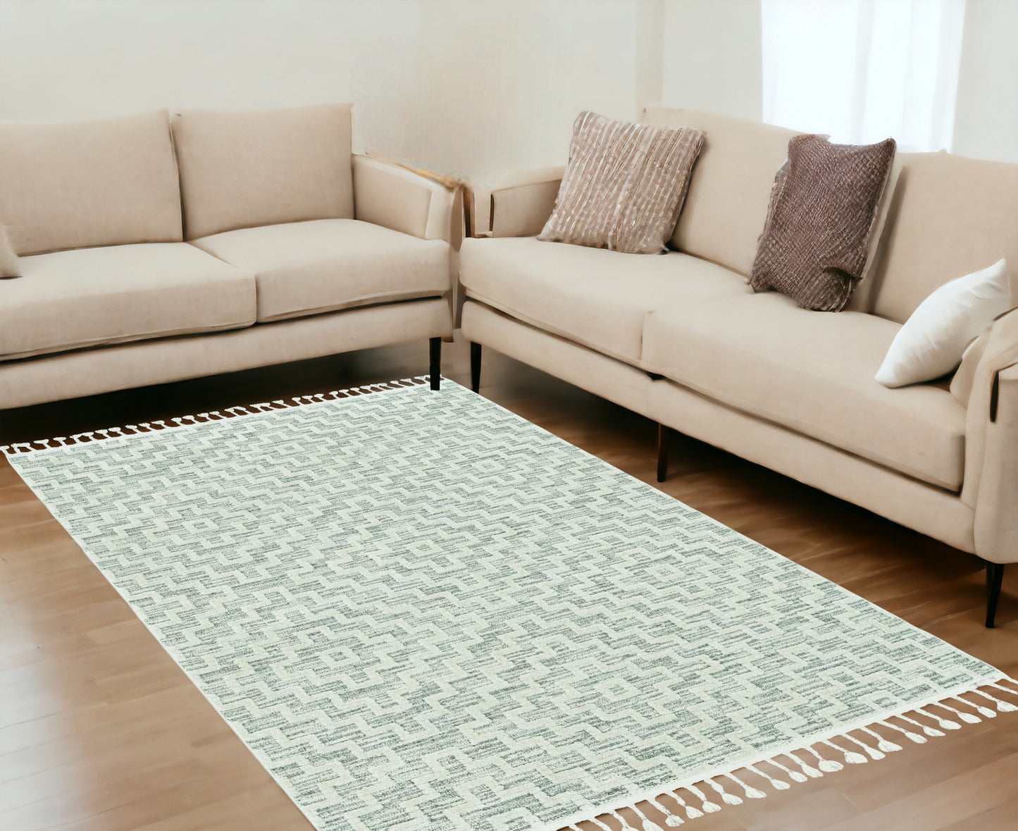 8' Ivory Grey Machine Woven Geometric With Fringe Indoor Runner Rug