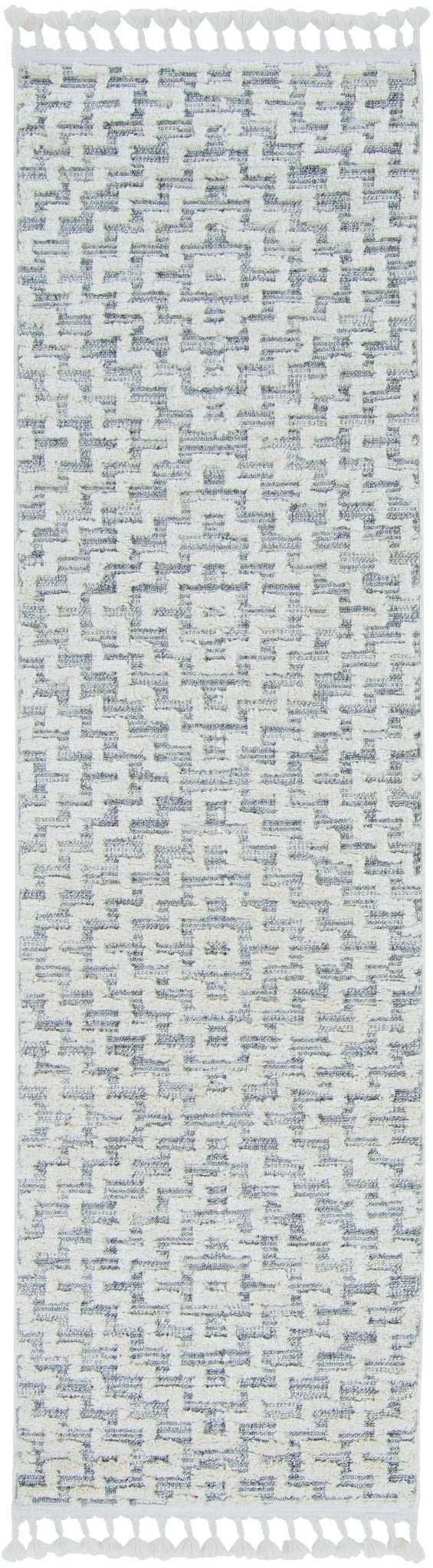 8' Ivory Grey Machine Woven Geometric With Fringe Indoor Runner Rug