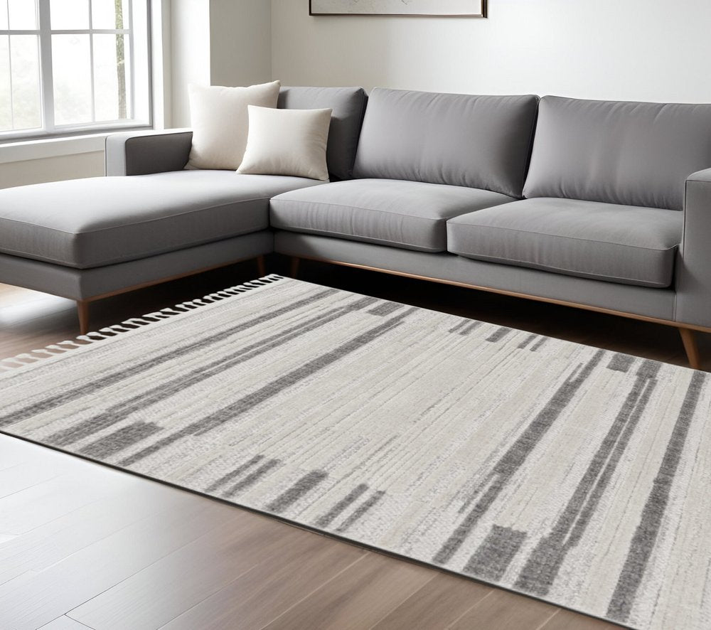 8' Gray And Ivory Abstract Runner Rug