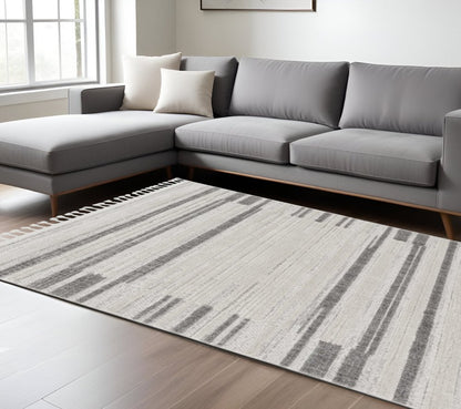 8' Gray And Ivory Abstract Runner Rug
